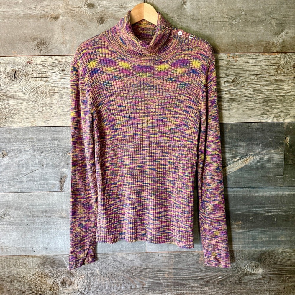 Sundance Womens Ribbed Knit Turtleneck XL Purple Multi Button Shoulder‎ Stretch